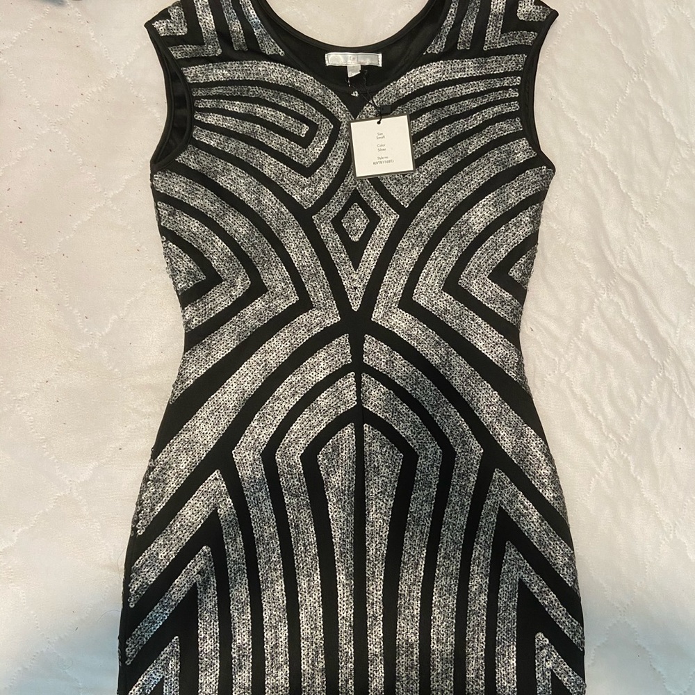 R + J black and silver sequin dress NWT